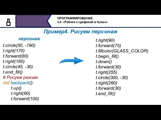 Пример4. Рисуем персонаж t.circle(50, -190) t.right(170) t.forward(80) t.right(180) t.circle(45, -30)