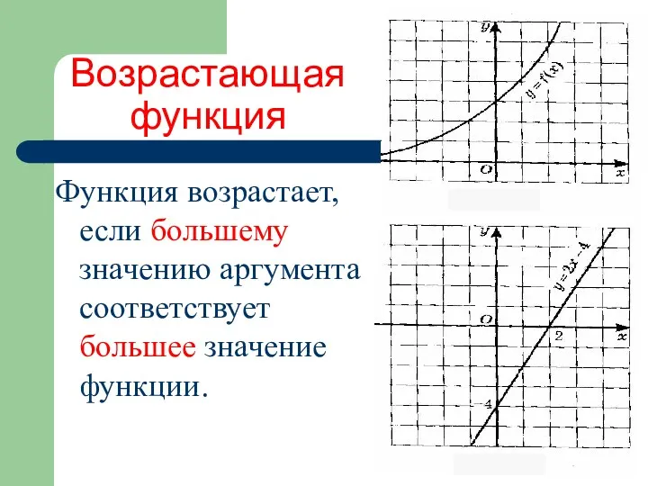 Возрастающая функция Функция возрастает, если большему значению аргумента соответствует большее значение функции.