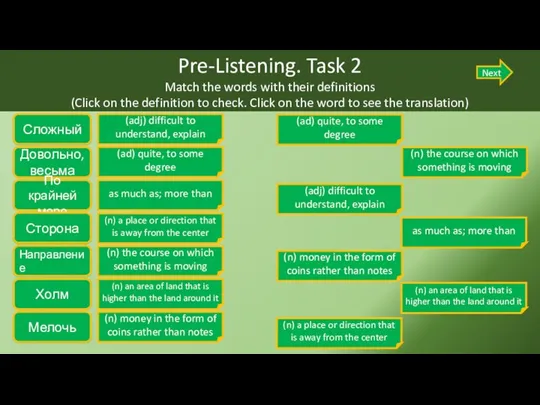 Pre-Listening. Task 2 Match the words with their definitions (Click