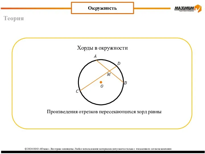 Теория Окружность Хорды в окружности Произведения отрезков пересекающихся хорд равны