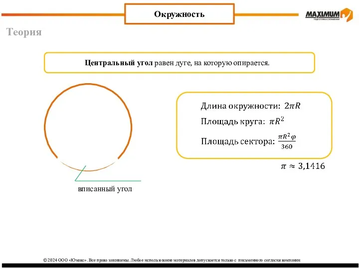 Теория Окружность Центральный угол равен дуге, на которую опирается. вписанный