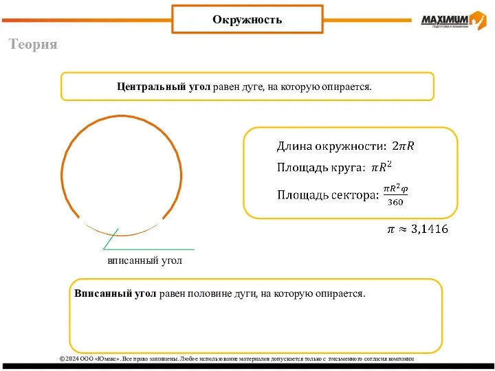 Теория Окружность Центральный угол равен дуге, на которую опирается. вписанный