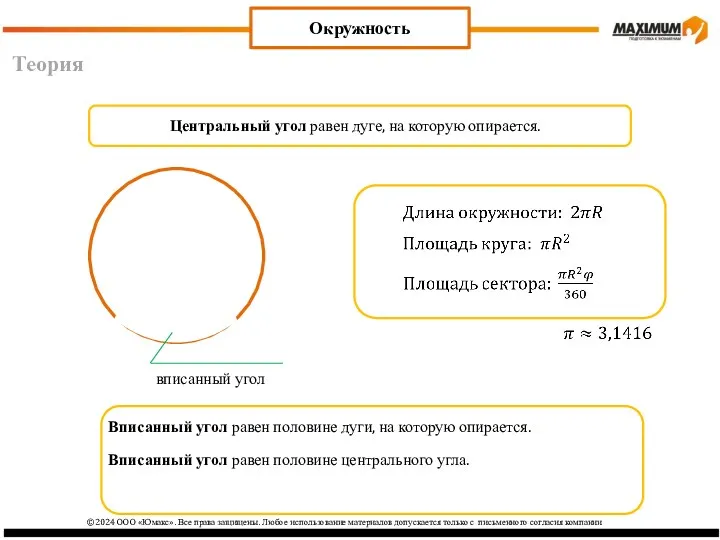 Теория Окружность Центральный угол равен дуге, на которую опирается. вписанный