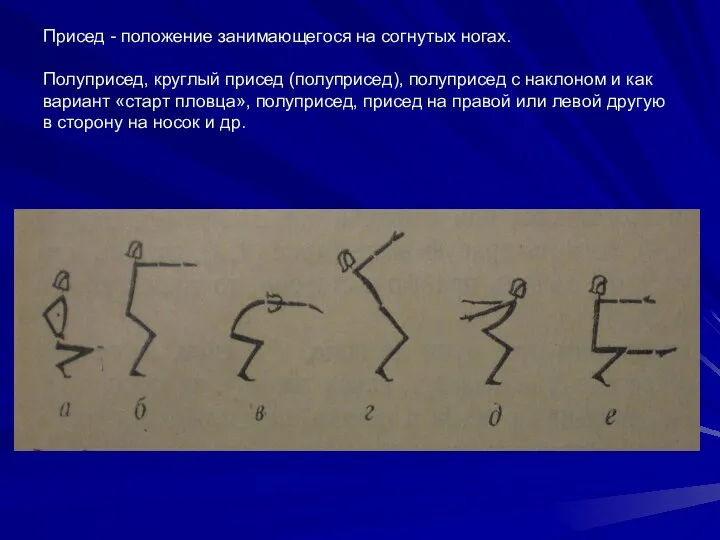 Присед - положение занимающегося на согнутых ногах. Полуприсед, круглый присед