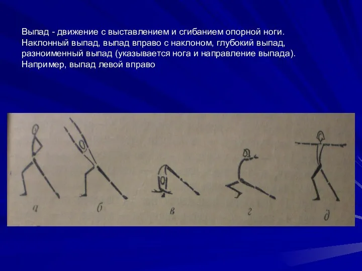 Выпад - движение с выставлением и сгибанием опорной ноги. Наклонный