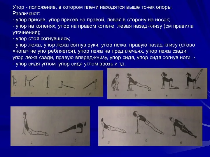 Упор - положение, в котором плечи находятся выше точек опоры. Различают: - упор