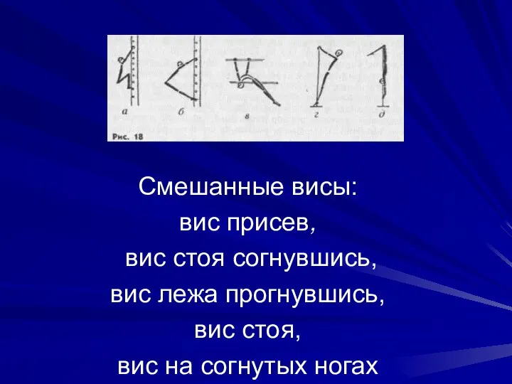 Смешанные висы: вис присев, вис стоя согнувшись, вис лежа прогнувшись, вис стоя, вис на согнутых ногах