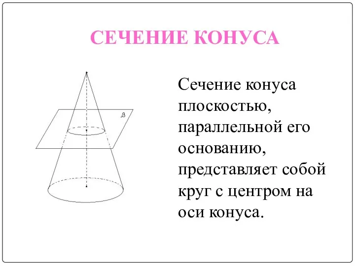 СЕЧЕНИЕ КОНУСА Сечение конуса плоскостью, параллельной его основанию, представляет собой круг с центром на оси конуса.