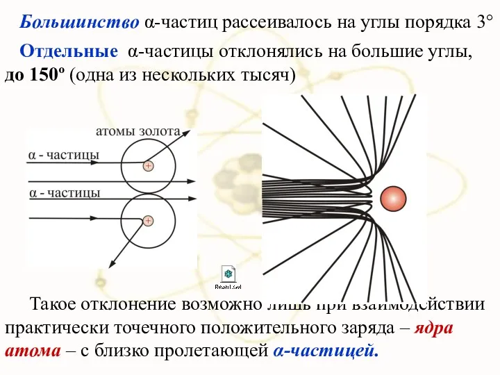 Большинство α-частиц рассеивалось на углы порядка 3° Отдельные α-частицы отклонялись