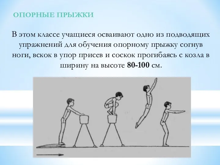 ОПОРНЫЕ ПРЫЖКИ В этом классе учащиеся осваивают одно из подводящих