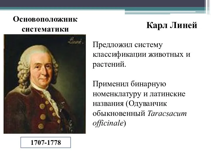 Карл Линей 1707-1778 Предложил систему классификации животных и растений. Применил