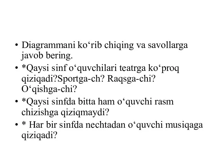 Diagrammani ko‘rib chiqing va savollarga javob bering. *Qaysi sinf o‘quvchilari