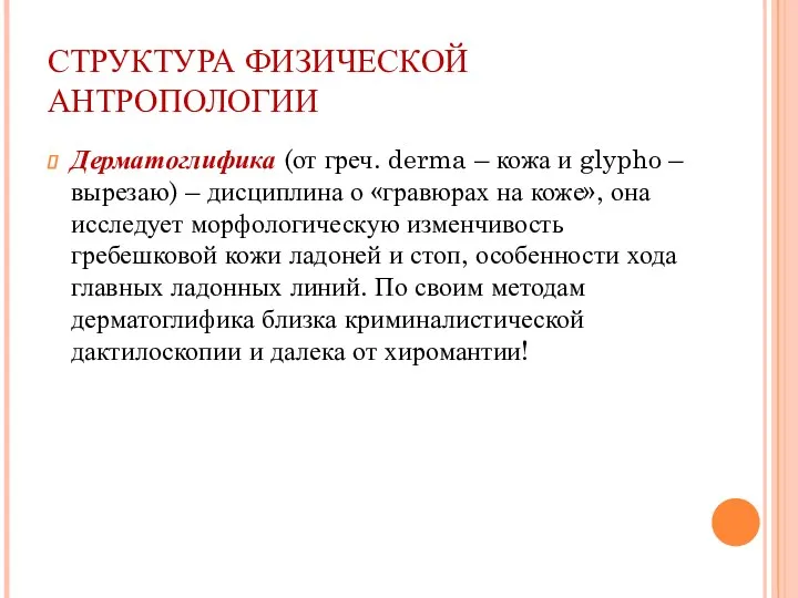 СТРУКТУРА ФИЗИЧЕСКОЙ АНТРОПОЛОГИИ Дерматоглифика (от греч. derma – кожа и