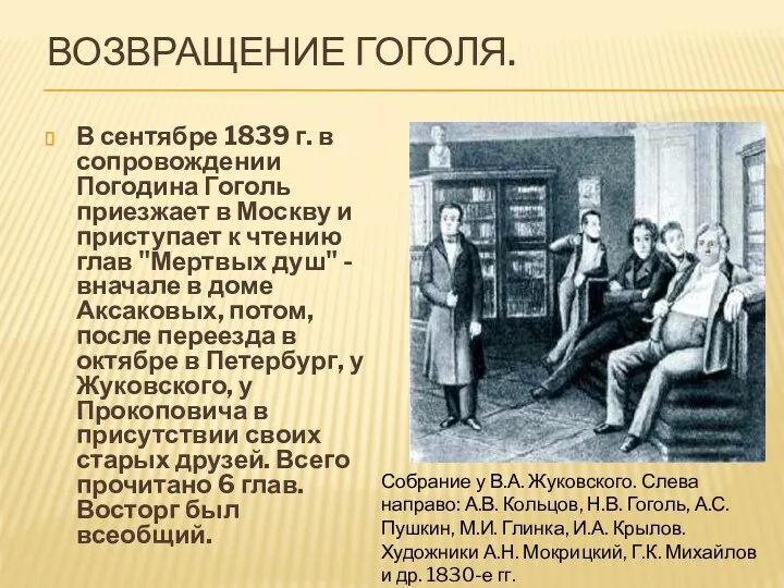 ВОЗВРАЩЕНИЕ ГОГОЛЯ. В сентябре 1839 г. в сопровождении Погодина Гоголь