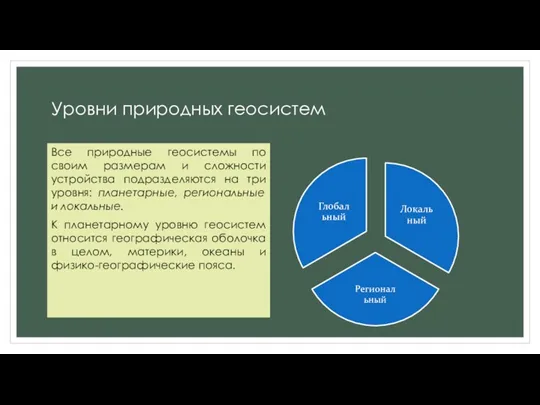 Уровни природных геосистем Все природные геосистемы по своим размерам и сложности устройства подразделяются