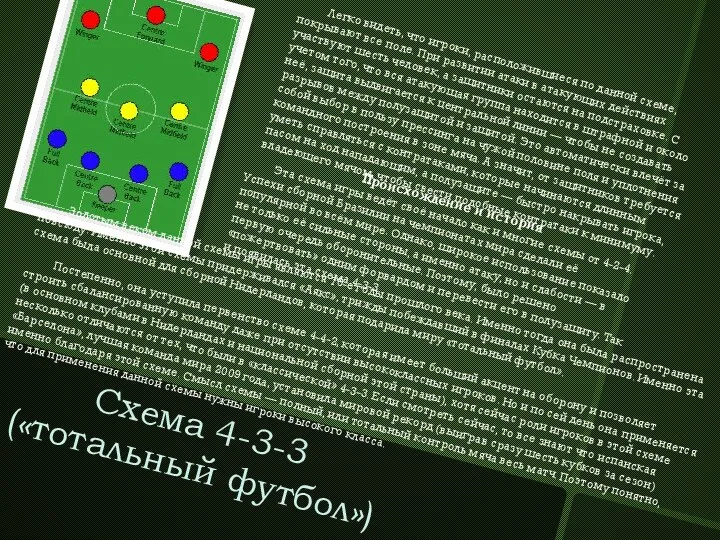 Схема 4-3-3 («тотальный футбол») Легко видеть, что игроки, расположившиеся по данной схеме, покрывают