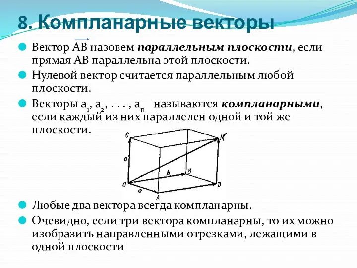 8. Компланарные векторы Вектор АВ назовем параллельным плоскости, если прямая