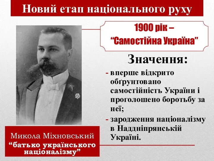 Новий етап національного руху Микола Міхновський “батько українського націоналізму” 1900