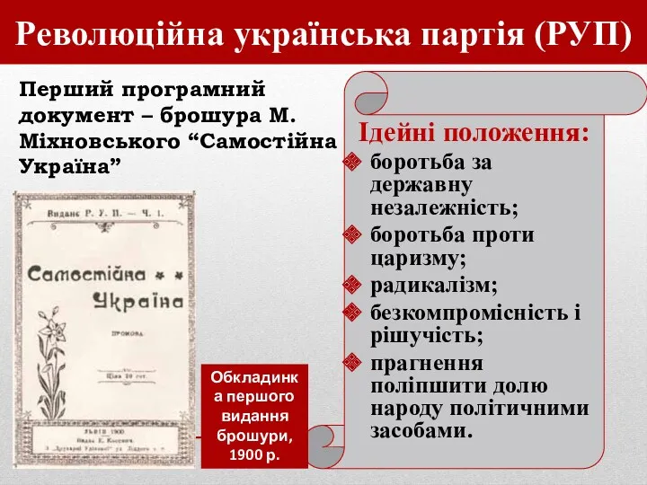 Перший програмний документ – брошура М.Міхновського “Самостійна Україна” Ідейні положення: