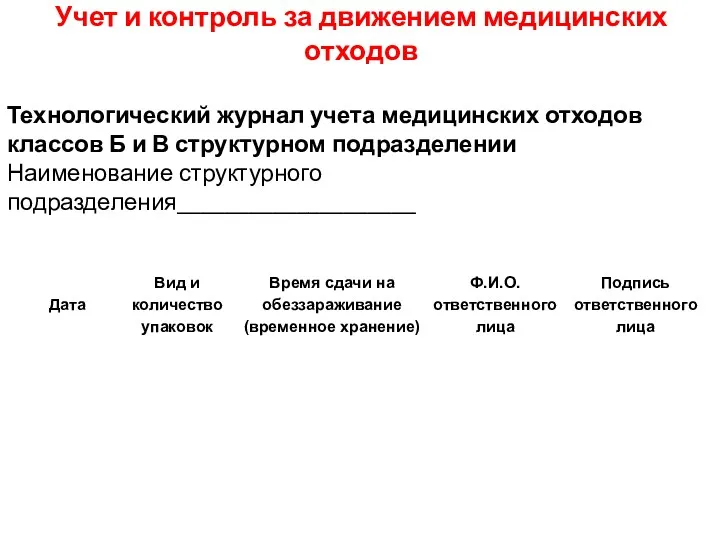 Учет и контроль за движением медицинских отходов Технологический журнал учета