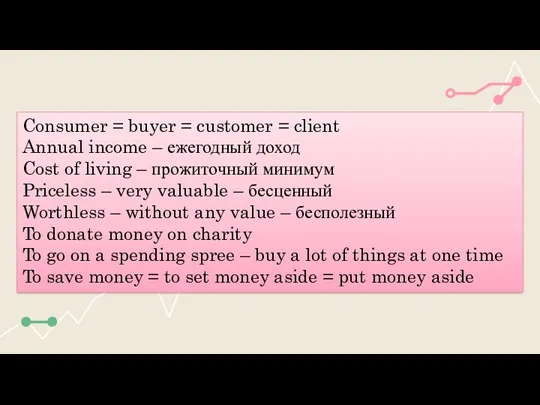Consumer = buyer = customer = client Annual income – ежегодный доход Cost