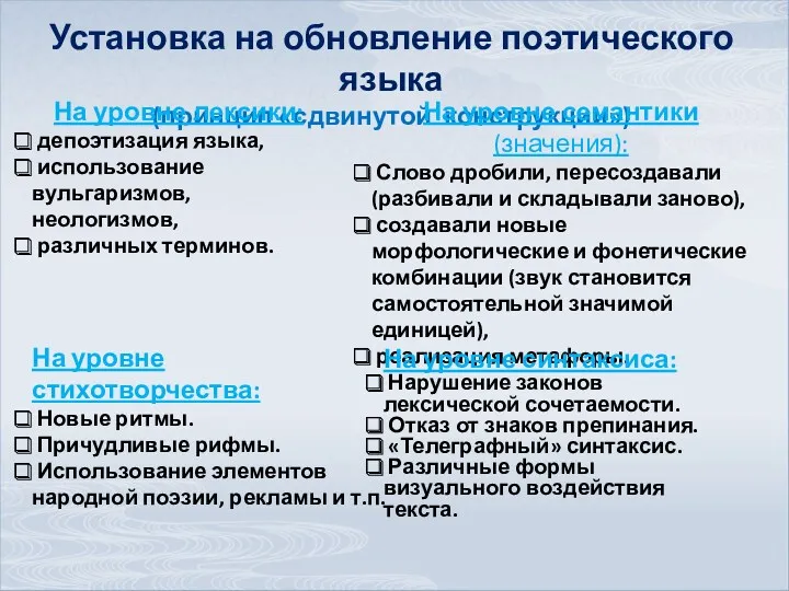 Установка на обновление поэтического языка (принцип «сдвинутой конструкции») На уровне