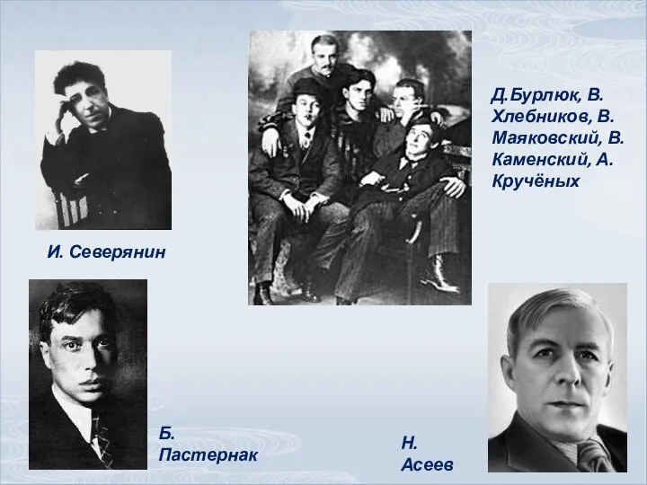 Б. Пастернак Н.Асеев Д.Бурлюк, В.Хлебников, В.Маяковский, В.Каменский, А.Кручёных И. Северянин