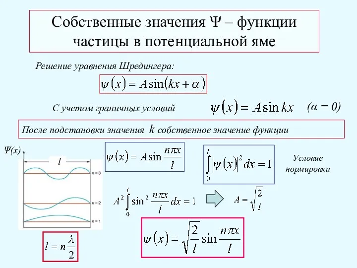 Собственные значения Ψ – функции частицы в потенциальной яме Решение уравнения Шредингера: С