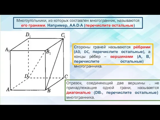 Стороны граней называются рёбрами (AD, DC, перечислите остальные), а концы