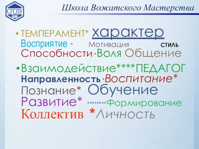 Школа Вожатского Мастерства ТЕМПЕРАМЕНТ* характер Восприятие * Мотивация СТИЛЬ Способности