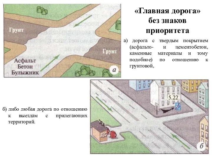 «Главная дорога» без знаков приоритета б) либо любая дорога по