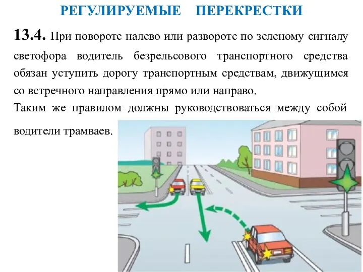 РЕГУЛИРУЕМЫЕ ПЕРЕКРЕСТКИ 13.4. При повороте налево или развороте по зеленому