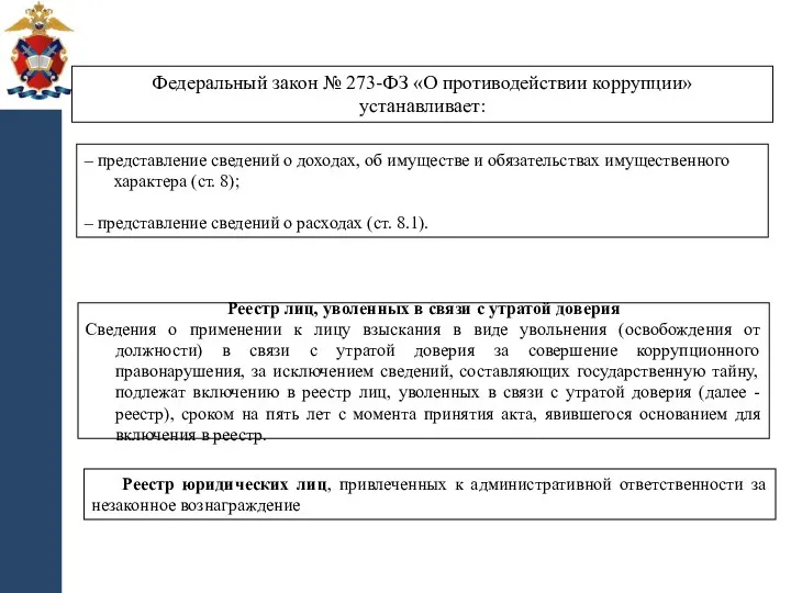 – представление сведений о доходах, об имуществе и обязательствах имущественного