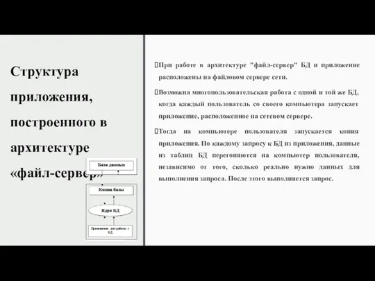 Структура приложения, построенного в архитектуре «файл-сервер» При работе в архитектуре