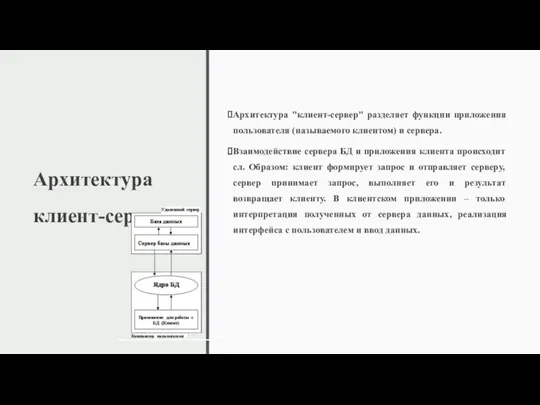 Архитектура клиент-сервер Архитектура "клиент-сервер" разделяет функции приложения пользователя (называемого клиентом)