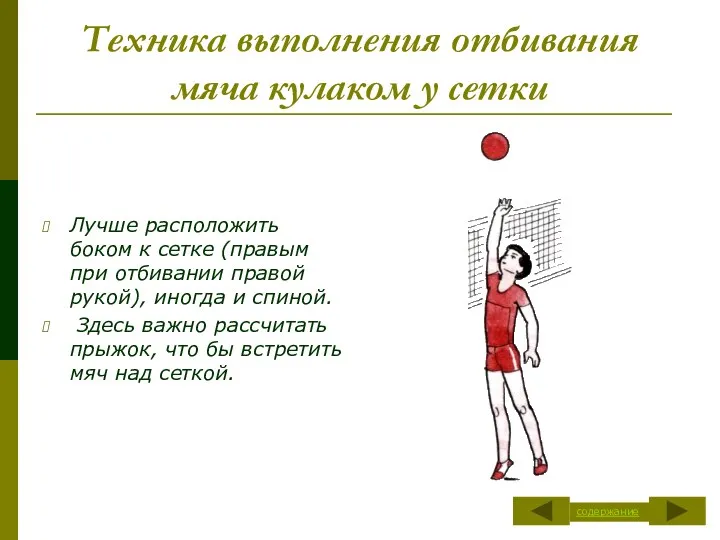 Техника выполнения отбивания мяча кулаком у сетки Лучше расположить боком