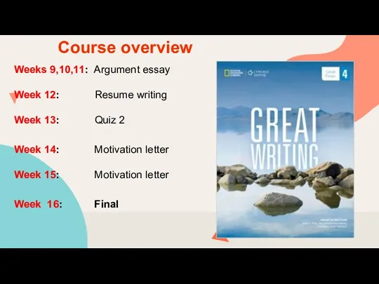 Course overview Weeks 9,10,11: Argument essay Week 12: Resume writing