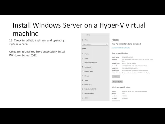 Install Windows Server on a Hyper-V virtual machine 13. Check installation settings and