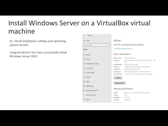 Install Windows Server on a VirtualBox virtual machine 11. Check installation settings and