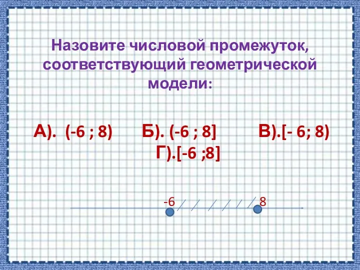 Назовите числовой промежуток, соответствующий геометрической модели: А). (-6 ; 8)