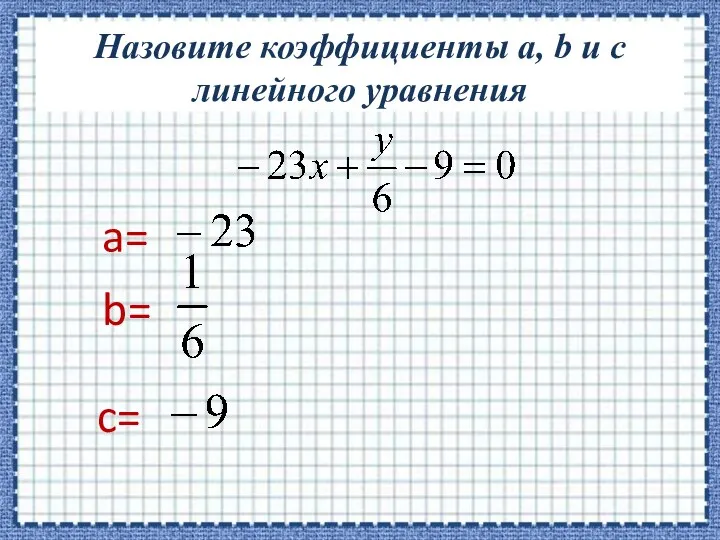 Назовите коэффициенты a, b и c линейного уравнения a= b= c=