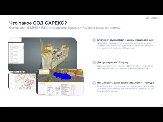 Что такое СОД САРЕКС? Функционал BIM360 + Работа через web-браузер + Развертывание on-premise 1 2 3