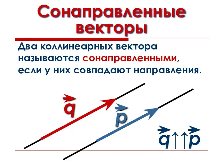 Сонаправленные векторы Два коллинеарных вектора называются сонаправленными, если у них совпадают направления.