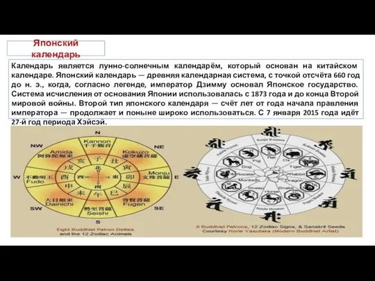 Японский календарь Календарь является лунно-солнечным календарём, который основан на китайском календаре. Японский календарь