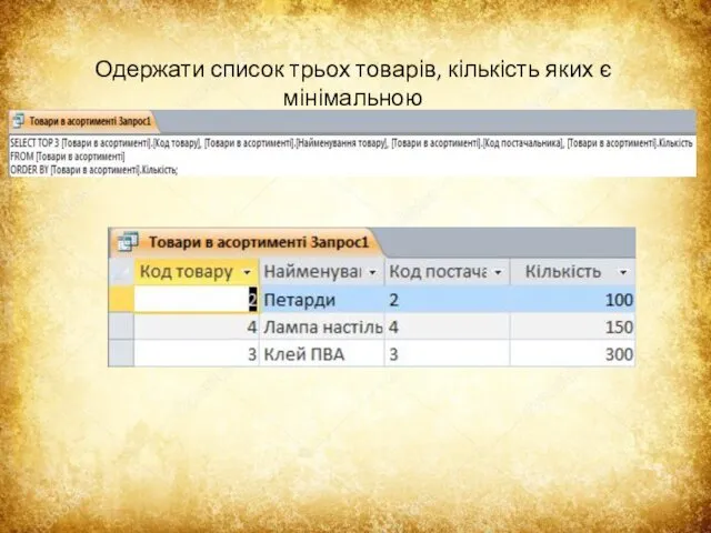 Одержати список трьох товарів, кількість яких є мінімальною