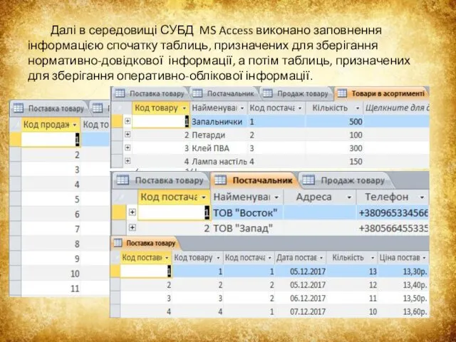 Далі в середовищі СУБД MS Access виконано заповнення інформацією спочатку