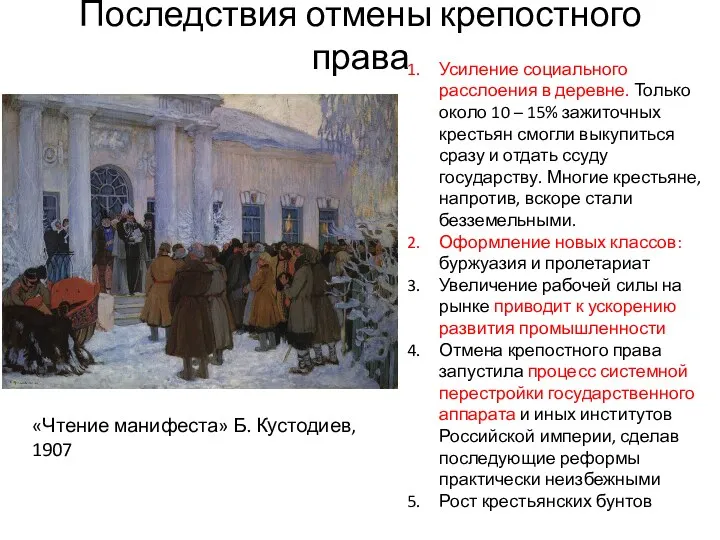 Последствия отмены крепостного права «Чтение манифеста» Б. Кустодиев, 1907 Усиление
