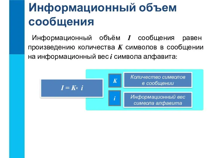 Информационный объем сообщения Информационный объём I сообщения равен произведению количества