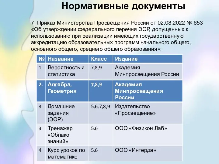 7. Приказ Министерства Просвещения России от 02.08.2022 № 653 «Об