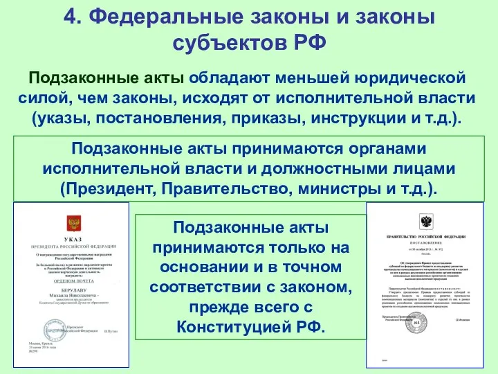 4. Федеральные законы и законы субъектов РФ Подзаконные акты обладают